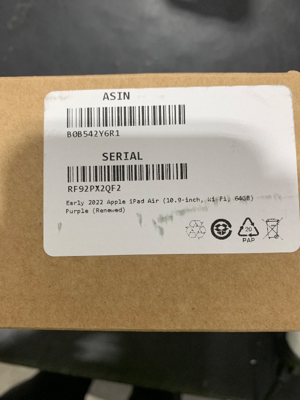 Photo 1 of Apple Early 2022 iPad Air, 10.9-inch, Wi Fi, 64GB, Purple (Renewed)