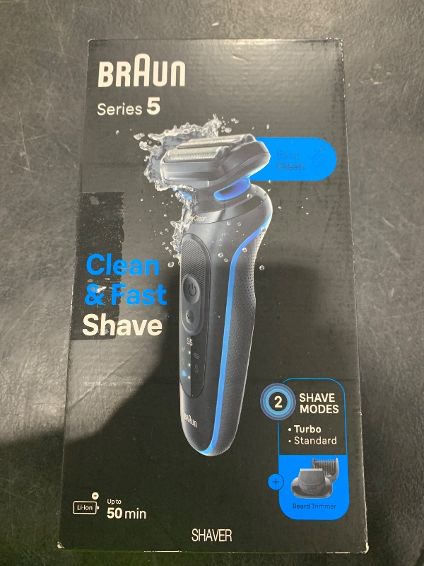 Photo 1 of Braun Electric Shaver for Men, Series 5 5120s, Wet & Dry Shave, Turbo Shaving Mode, Foil Shaver, Engineered in Germany, with Beard Trimmer & Attachments, Blue