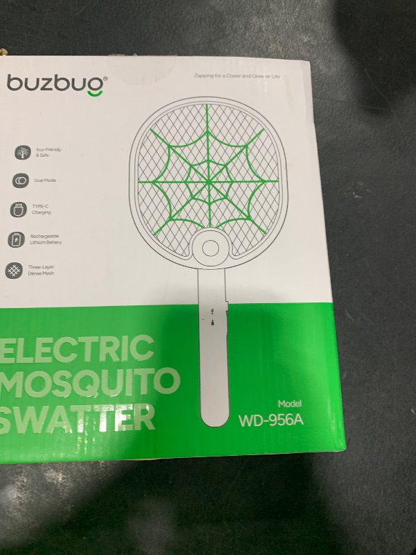 Photo 1 of Buzbug Electric Fly Swatter, Type-C Rechargeable Mosquito Swatter, Foldable, Dual Handheld and Auto Zap Mode, 3800V Powerful Instant Bug Zapper Racket, Mosquito Bat for Indoor Outdoor Camping -WD956A
