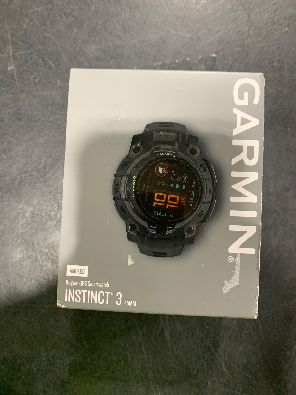 Photo 1 of Garmin Instinct® 3 45mm, AMOLED Display, Rugged Outdoor GPS Smartwatch, Metal-Reinforced Bezel, Built-in Flashlight, Up to 18 Days of Battery Life, Black