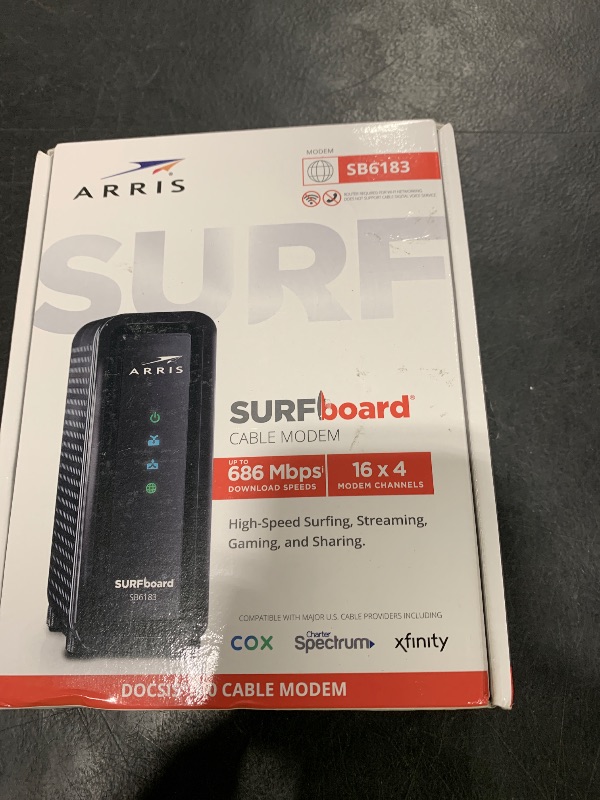 Photo 1 of ARRIS (SB6183)-Cable Modem -Fast DOCSIS 3.0 16x4 Gigabit, For Comcast Xfinity, Cox,check with ISP for compatibility [Not for Spectrum],1 Gbps Port, 400 Mbps Max Internet Speed, 2 Year Warranty - White