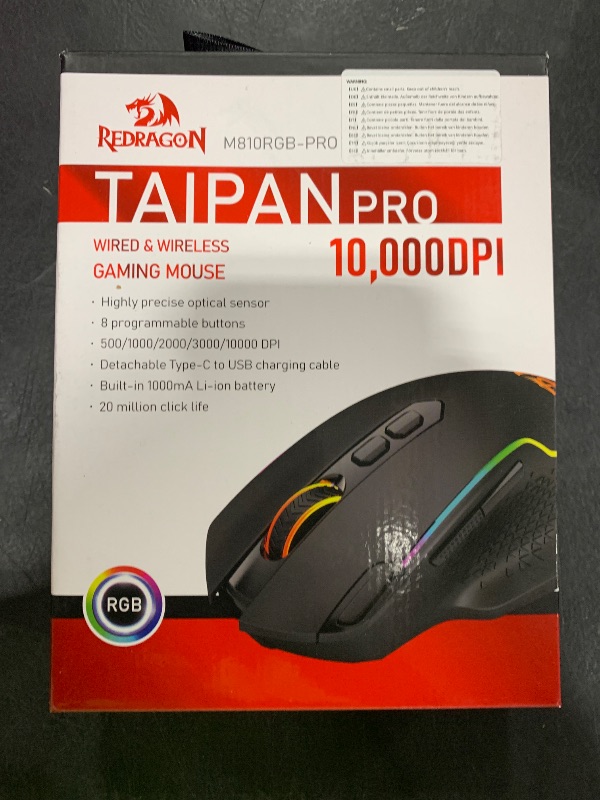 Photo 1 of Redragon M810 Pro Wireless Gaming Mouse, 10000 DPI Wired/Wireless Gamer Mouse w/Rapid Fire Key, 8 Macro Buttons, 45-Hour Reliable Power Capacity and RGB Backlit for PC/Mac/Laptop