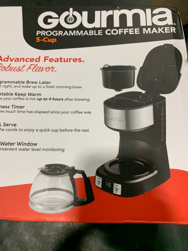 Photo 1 of Gourmia GCM3518 5-Cup Programmable Drip Coffee Maker, Brew Later Timer, Adjustable 4-Hr Keep Warm, Pause & Serve, Freshness Timer, 700 W Compact Glass Carafe, EZ-View Water Window