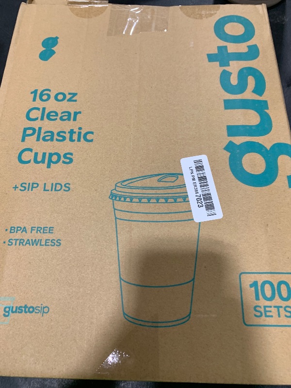 Photo 1 of GUSTO Clear Plastic Cups with Lids [16 oz - 100 Count] - Disposable Iced Coffee Drink Cups with Strawless Sip Lids for Smoothies, Juices, and More - (Formerly Comfy Package)
