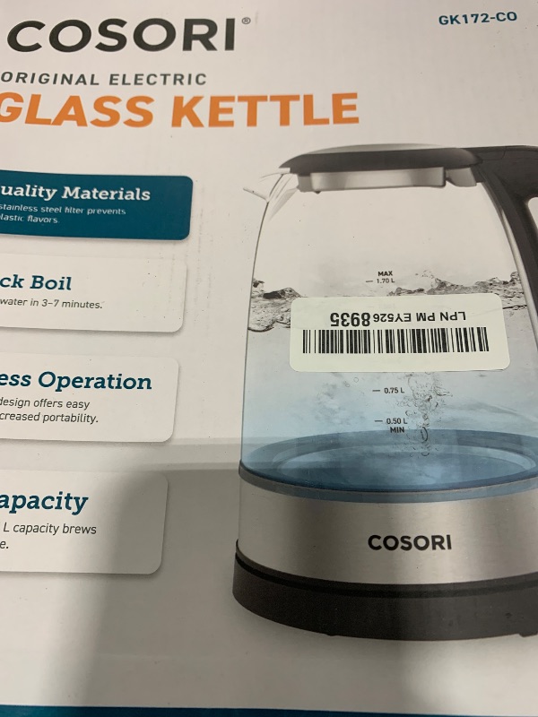 Photo 1 of Cosori Electric Kettle, No Plastic Filter & Spout, 1.7L Tea Kettle & Hot Water Boiler For Coffee & Tea, Water Heater & Teapot, Automatic Shut Off, Borosilicate glass, Black, 1500W
