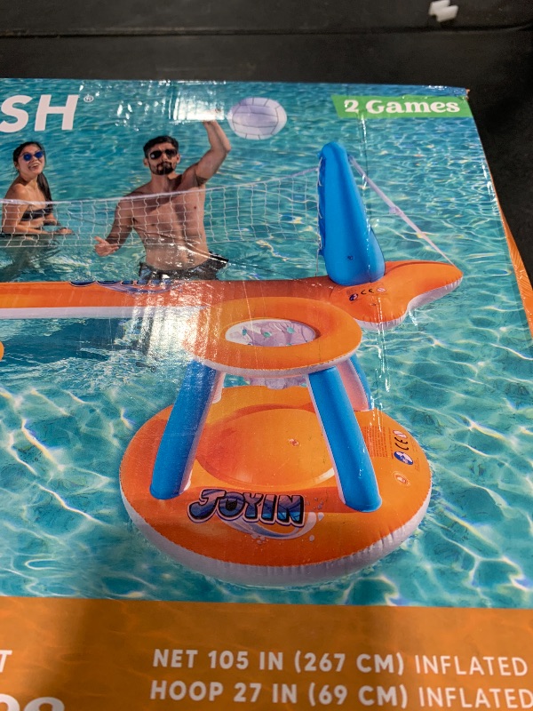 Photo 1 of JOYIN Inflatable Pool Float Set Volleyball Net & Basketball Hoops, Floating Swimming Game Toy for Kids and Adults, Summer Floaties, Volleyball Court (105”x28”x38”)|Basketball (27.6”x23”),L-Orange