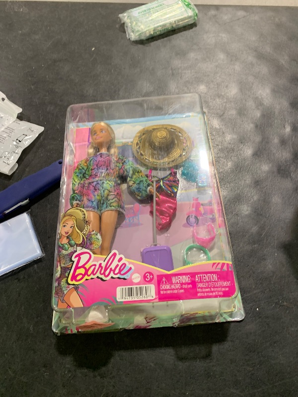 Photo 1 of Barbie Doll & Accessories Set, Holiday Fun Summer Travel Fashion Doll, Blonde with Rainbow Jogger Top & Shorts, Swimsuit, Luggage & More