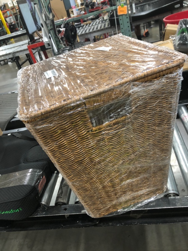 Photo 1 of Large Storage Basket with Lid,Stylish and Durable Metal Frame Handwoven Basket Bin,for Bedroom, towels, clothes, laundry room or others storage with closets,Brown (Art Deco, 15 * 14 * 16.8)