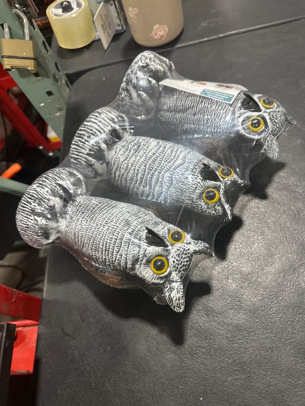 Photo 1 of 3-Pack Owl Decoys for Bird Deterrent - Weatherproof Bird Repellent Devices for Outdoor Use - Plastic Owls to Scare Birds Away and Control Garden Pests