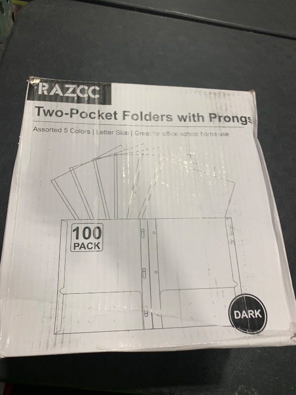 Photo 1 of Two Pocket Folders, RAZCC 100 Pack Two Pocket with Prongs, 3 Prong Pocket Folders Letter Size, Paper Folders with Prongs for School Office Home Business, Assorted 5 Colors