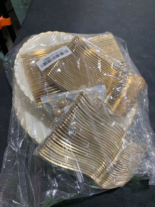 Photo 1 of YOUBET 125PCS Scalloped Plastic Plates - Ivory Scalloped Disposable Plates - Gold Plastic Dinnerware Set Include 50 Plates, 75 Gold Silverware for Party & Wedding