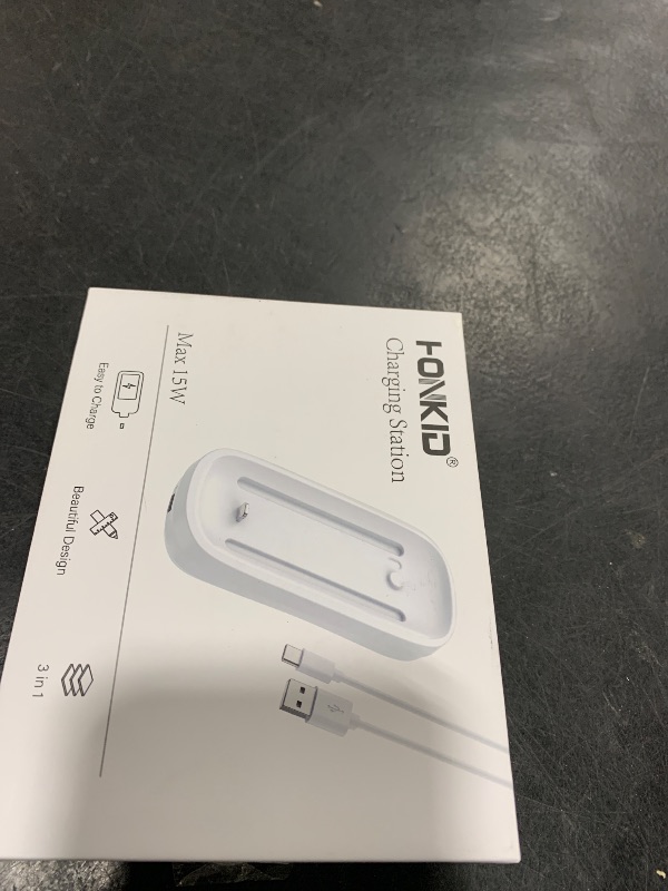 Photo 1 of HONKID Wireless Charging Station for Magic Mouse 2, QI Mobile Phone and AirPods, Double-Sided Charging, 3 in 1 Wireless Charging Dock, USB-A to USB-C Cable Long 5ft,White