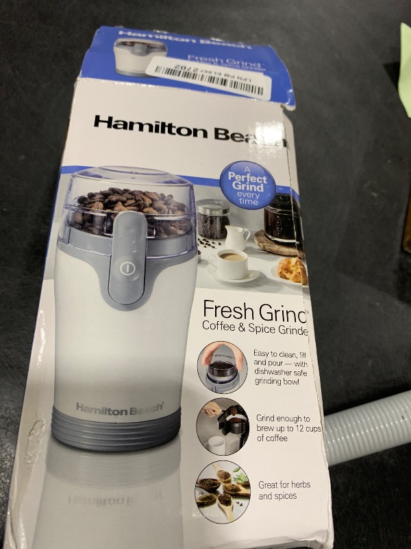Photo 1 of Hamilton Beach Fresh Grind Electric Coffee Grinder for Beans, Spices and More, Stainless Steel Blades, Removable Chamber, Makes up to 12 Cups, White