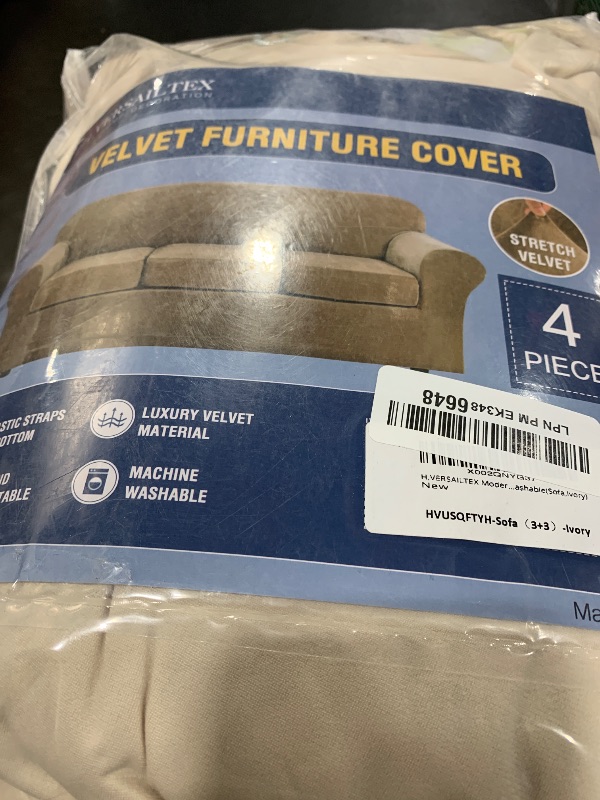 Photo 1 of H.VERSAILTEX Modern Velvet Plush 4 Piece High Stretch Sofa Slipcover Furniture Protector Form Fit Luxury Thick Sofa Cover for 3 Cushion Couch, Machine Washable Width Up to 90 Inch(Sofa,Ivory)