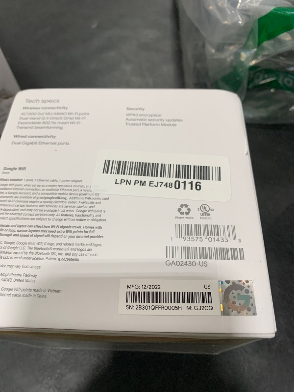 Photo 1 of Google Wifi - AC1200 - Mesh WiFi System - Wifi Router - 1500 Sq Ft Coverage - 1 pack