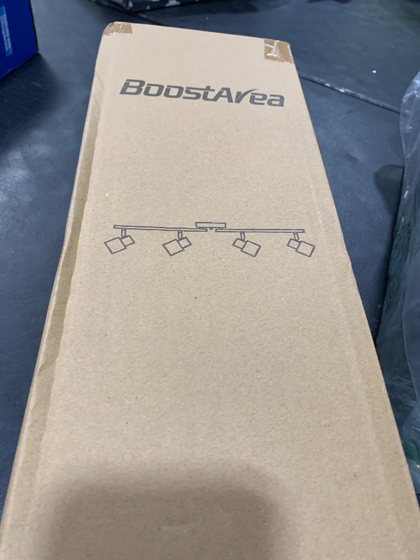 Photo 1 of BoostArea LED 4 Light Track Lighting Kit,4 Way Modern Ceiling Lighting, Flexibly Rotatable Industrial Spot Light Head for Kitchen, Living Room, Bedroom, White,GU10 Bulb Not Included