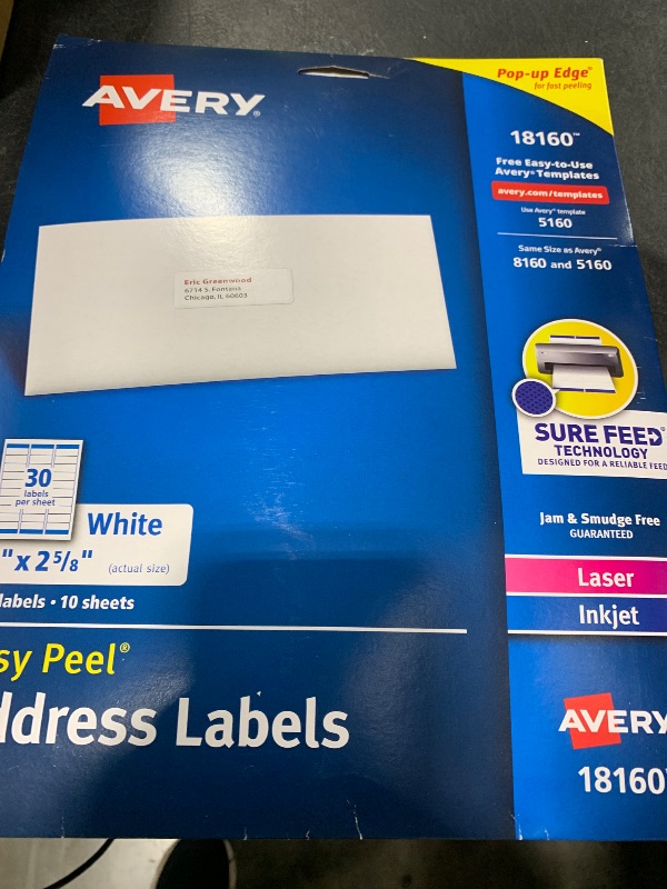 Photo 1 of Avery Easy Peel Printable Address Labels with Sure Feed, 1" x 2-5/8" Customizable Stickers, White, 300 Blank Mailing Labels, Great for Mailing, Shipping, and More (18160)
