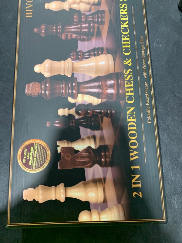 Photo 1 of BIVOMON 2 in 1 Wooden Magnetic Chess Set & Checkers Board Game-15'' Foldable Chess Board for Adults & Kids-Portable Travel Chess Set with Pieces Storage Slots-2 Extra Queens-Beginner Chess Board Game