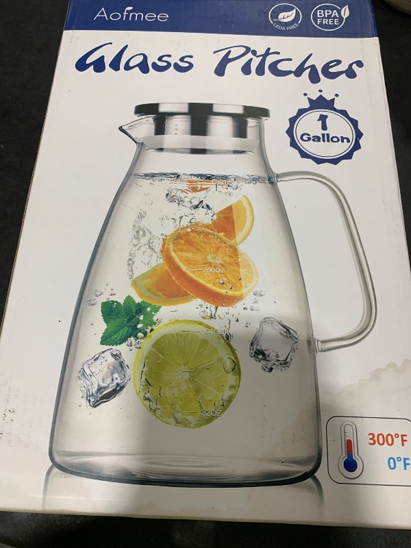 Photo 1 of 1 Gallon 128oz Glass Pitcher, Water Pitcher with Lid and Spout, Glass Carafe for Hot/Cold Drink, Water Jug for Iced Tea, Coffee, Juice, Milk, Beverage (Extra-Wide Mouth)