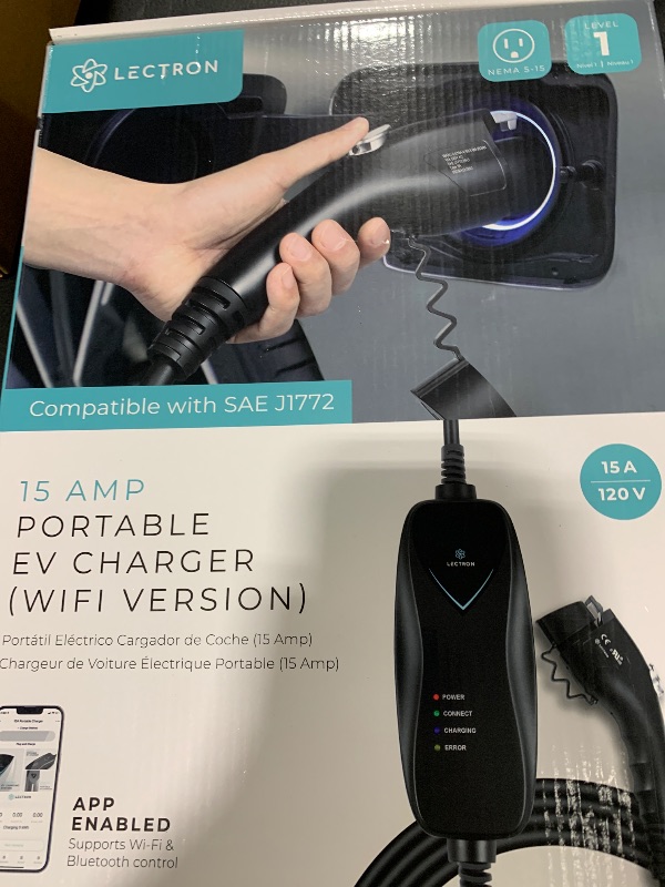 Photo 1 of Lectron Level 1 J1772 Charger (WiFi Version) - 110V, 15 Amp, NEMA 5-15 Plug, 16 ft Extension Cord - Portable Electric Car Charger for J1772 Evs