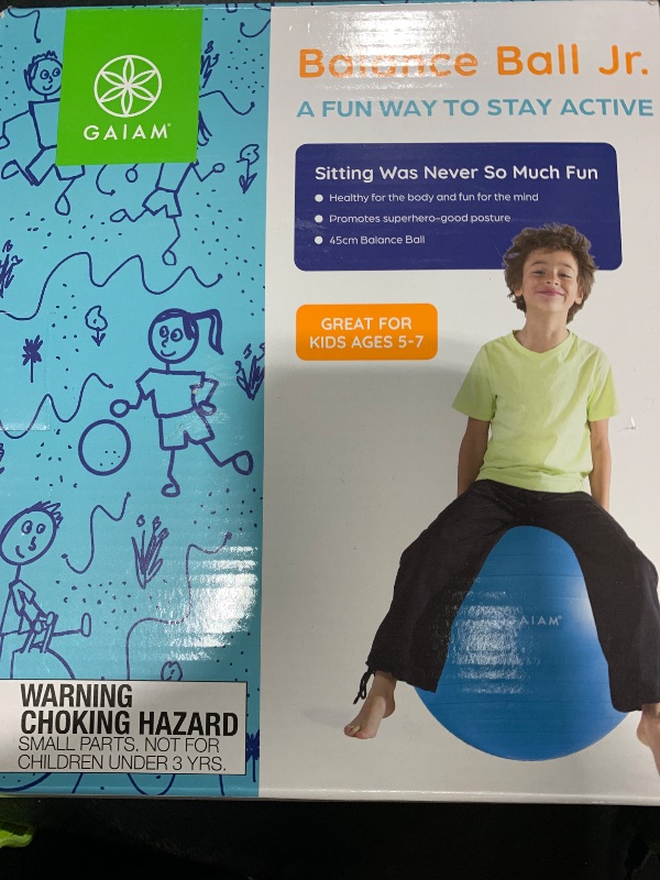 Photo 1 of Gaiam Kids Balance Ball - Exercise Stability Yoga Ball, Kids Alternative Flexible Seating for Active Children in Home or Classroom (Satisfaction Guarantee), Blue, 45cm (2.09 Pounds)