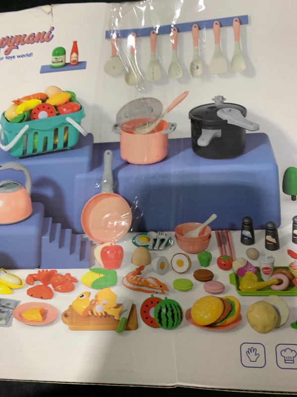 Photo 1 of 130Pcs Kitchen Playset, Toddler Pretend Cooking Play Pots, Pans, Utensils Cookware, Daily Food Fruit Veges, Shopping Storage Basket, Dessert, Prop Money, Learning Gift for Child (Pink)