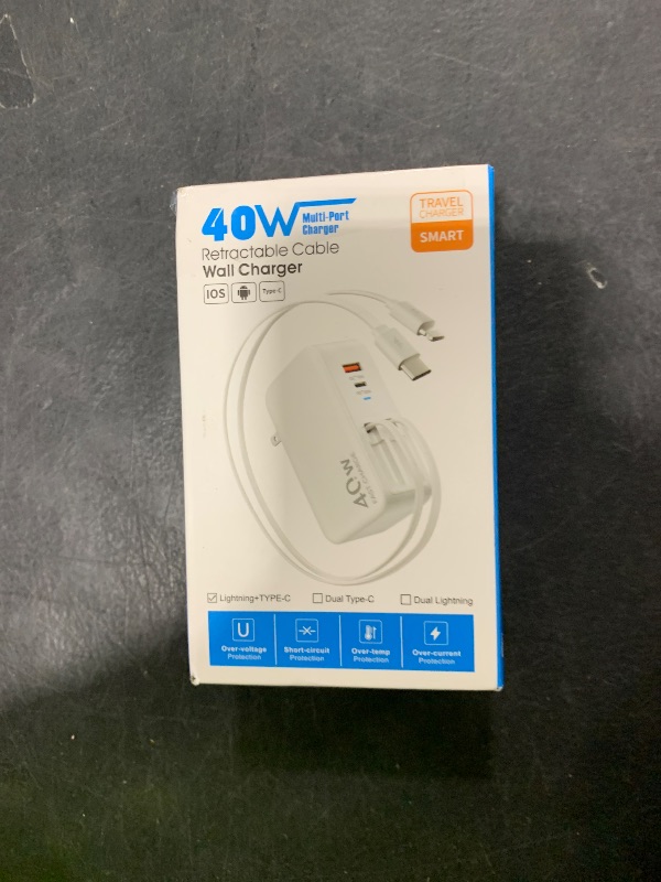 Photo 1 of 4-in-1 Retractable Gan Wall Charger Plug,Travel Essentials Brick Multiport USB Ports,3ft Lightening and Type C Cables,40W Multi Fast Charging Foldable Block for iPhone 16/15/14/13,iPad,Galaxy,Pixel