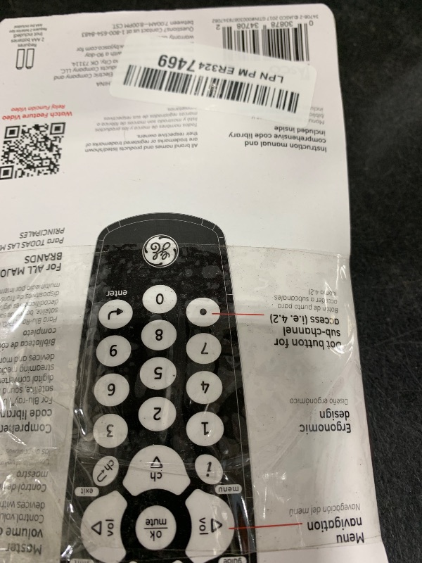 Photo 1 of GE Universal Remote Control for Samsung, Vizio, LG, Sony, Sharp, Roku, Apple TV, TCL, Panasonic, Smart TVs, Streaming Players, Blu-ray, DVD, 4-Device, Black, 34708