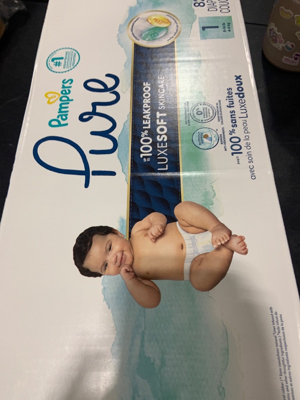 Photo 1 of Pampers Pure Protection Baby Diapers, Size 1 (8-14 lbs), 82 Count, Up to 100% Leakproof, Premium Plant-based Skin Protection, Hypoallergenic Soft Diapers