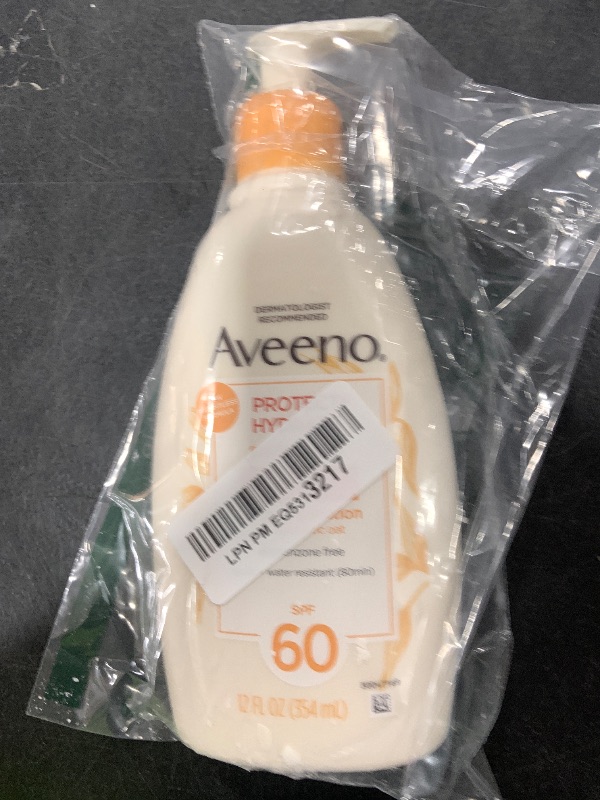 Photo 1 of Aveeno Protect + Hydrate Sunscreen Moisturizing Body Lotion with Prebiotic Oat, Broad Spectrum SPF 60, Paraben, Oxybenzone & Oil Free, Weightless, Water & Sweat Resistant for Sensitive Skin, 12 Fl Oz