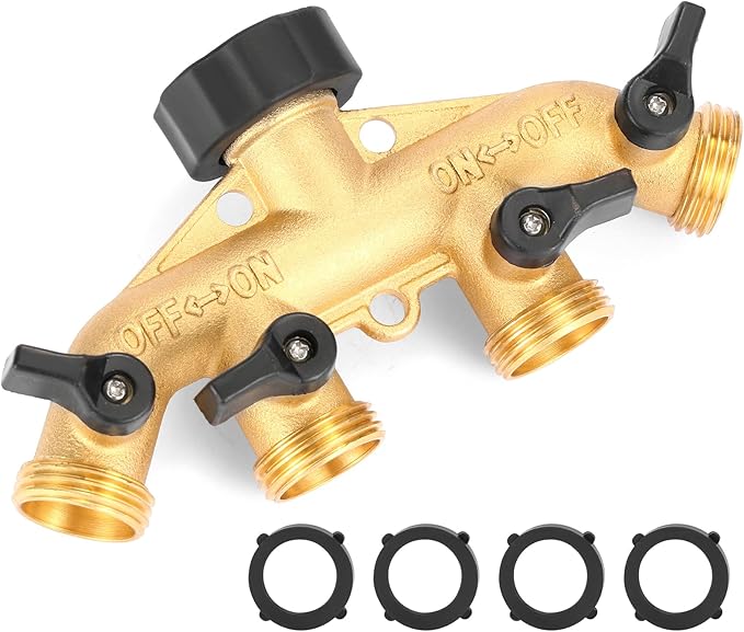 Photo 1 of 4 Way Heavy Duty Brass Garden Hose Splitter, Hose Connector 3/4", Hose Spigot Adapter with 4 Valves
