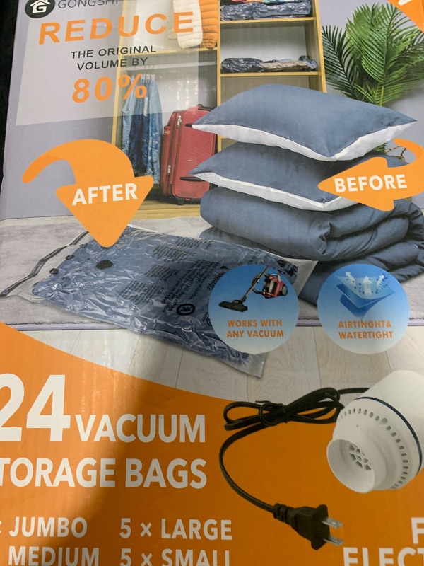 Photo 1 of 24 Pack Vacuum Storage Bags with Electric Pump, (5 Jumbo, 5 Large, 5 Medium, 5 Small, 4 Roll Up Bags) Space Saver Bag for Clothes, Mattress, Blanket, Duvets, Pillows, Comforters,Travel