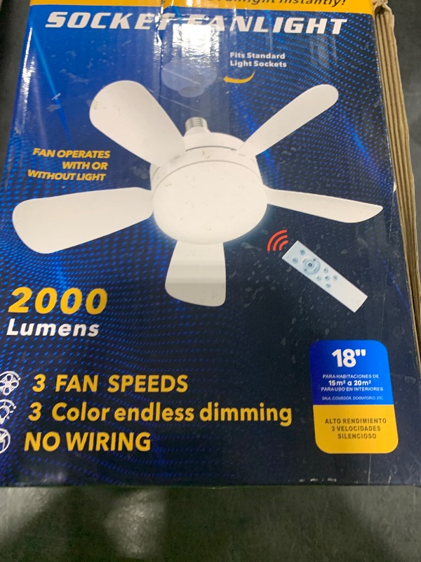 Photo 1 of Socket Ceiling Fans with Lights - OIZEGO Fan Light with Dimmable Led Light Bulb, 3 Colors 3000K-6500K, 2000 Lumens, Screw in Small Ceiling Fan for Bedroom Living Room Kitchen Garage Indoor