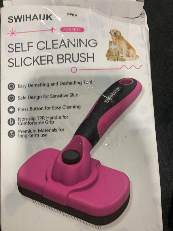Photo 1 of Swihauk Self Cleaning Slicker Brush for Dogs & Cats - Skin Friendly Grooming, Deshedding, Hair Removal for Puppies & Long/Short Haired Pets, Pet Supplies Accessory, Pink