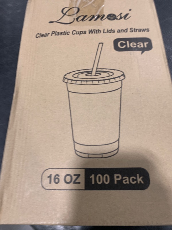Photo 1 of Lamosi 100 Pack 16 oz Clear Plastic Cups with Lids and Straws, Disposable Plastic Coffee Cups with Lids for Iced Coffee, Cold Beverages, Smoothies and To-Go Drinks
