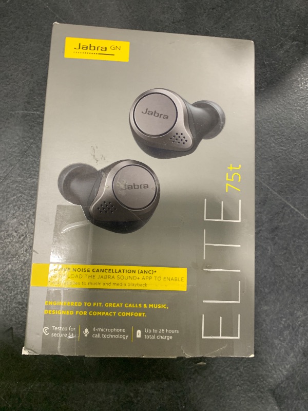 Photo 1 of Jabra Elite 75t– True Wireless Earbuds with Charging Case, Titanium Black – Active Noise Cancelling Bluetooth Earbuds with a Comfortable, Secure Fit, Long Battery Life, Great Sound