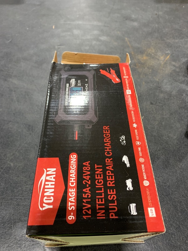 Photo 1 of YONHAN 15A Battery Charger, 12V/24V LiFePO4 & Lead Acid Car Battery Charger, 9-Stage Trickle Charger with Temp Compensation, Automotive Battery Maintainer for Car Truck Motorcycle Lawn Mower Boat(Red)LPNPMEZ0750800
