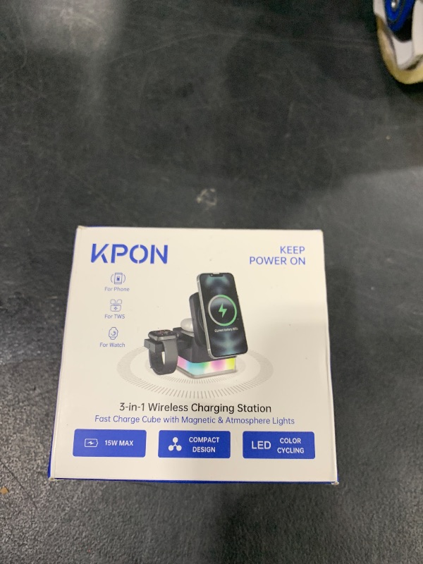 Photo 1 of KPON for iPhone Nightstand Charging Station,15W 3 in 1 Wireless Phone Charger Stand with Night Lamp, Travel Foldable Magnetic Cube Magsafe Dock for iPhone 16 15 14 13 12 Series/Apple Watch/Airpods