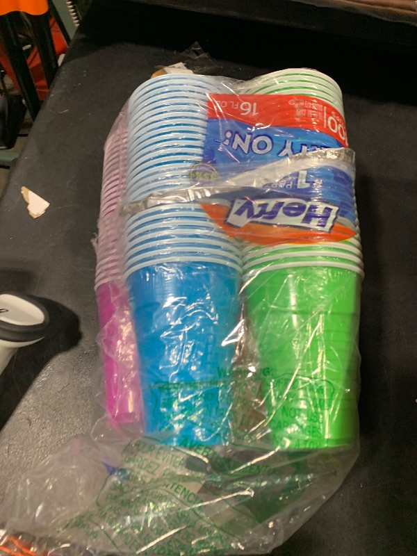 Photo 1 of Hefty Party On Disposable Plastic Cups, Assorted, 16 Ounce, 100 Count