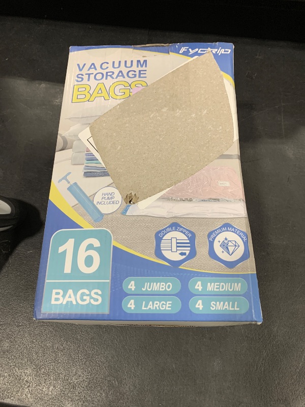 Photo 1 of Fygrip 16 Pack Vacuum Storage Bags with Hand Pump, 4 Jumbo + 4 Large + 4 Medium + 4 Small Plastic Packaging Bags, 80% Space Saver Vacuum Seal Bags for Clothing, Travel Lugggage, Blankets, Comforters