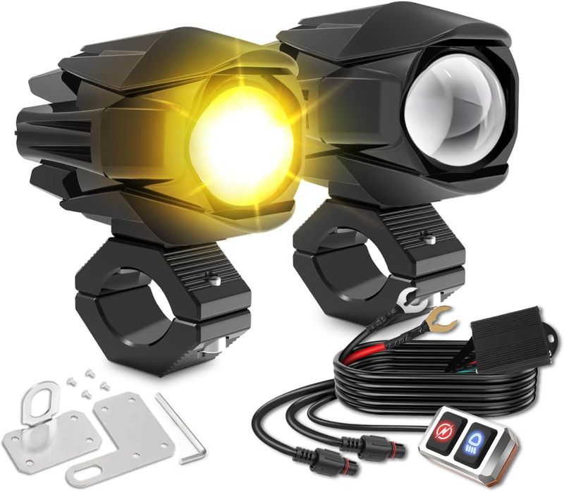 Photo 1 of CO LIGHT LED Motorcycle Fog Lights 60W 18000LM Driving Auxiliary Lights 7 Modes Amber White Light Combo with Waterproof Wire Harness Kit, Universal Fit for Motorcycle SUV ATV UTV, 2PCS