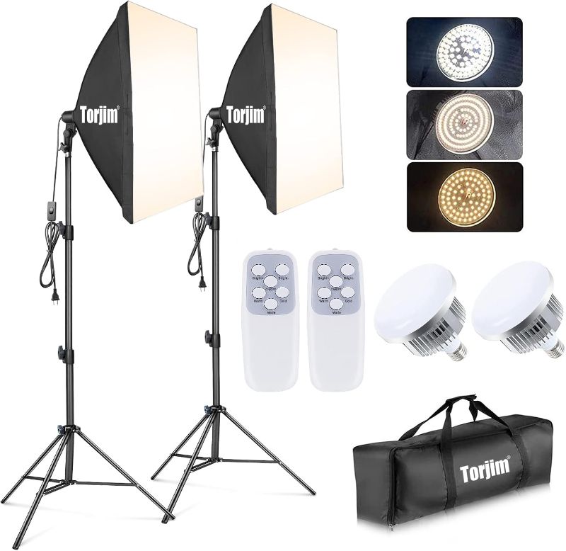 Photo 1 of Torjim Softbox Photography Lighting Kit, 2Pcs 27" x 27" Professional Soft Box | 3000K-7500K 85W LED Bulbs with Remote, Photography Continuous Lighting Kit for Studio Lights, Portrait, Video Recording
