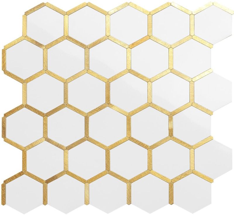 Photo 1 of DICOFUN 10-Sheet Hexagon Peel and Stick Backsplash Tile, Polished White Tile Look Mixed Light Gold Kitchen Backsplash Peel and Stick Wall Tiles