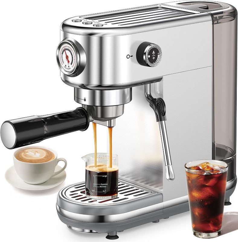 Photo 1 of Espresso Machine with Milk Frother, 20 Bar High Pressure Professional Espresso Maker Automatic, Compact Stainless Steel Coffee Machine for Cappuccino, Latte, Gift for Coffee Lover, Silver