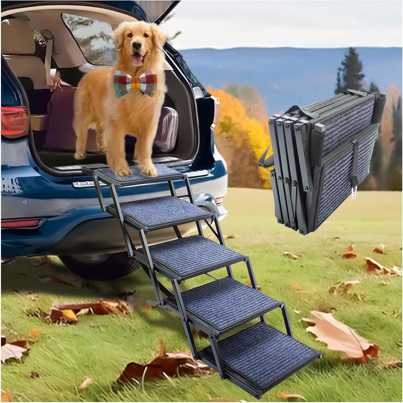 Photo 1 of Dog Ramp for Car Truck and SUV Dog Stairs for Large Dogs Folding Pet Stairs with Non-Slip Rug Surface Supports Up to 250 lbs (5 Steps)
