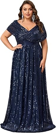 Photo 1 of Women's Plus Size V Neck Sequin Formal Maxi Dress A-Line Prom Evening Party Gowns 4XL
