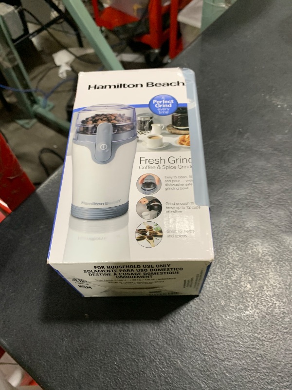 Photo 1 of Hamilton Beach Fresh Grind Electric Coffee Grinder for Beans, Spices and More, Stainless Steel Blades, Removable Chamber, Makes up to 12 Cups, White