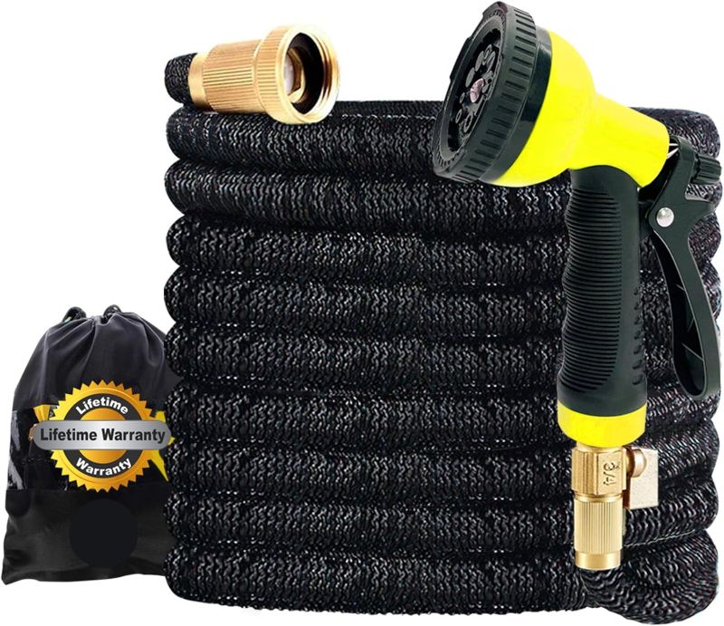 Photo 1 of J&B XpandaHose 150ft Expandable Garden Hose with Holder - Heavy Duty Superior Strength 3750D - 4 -Layer Latex Core - Extra Strong Brass Connectors and 10 Spray Nozzle w/Storage Bag (Black 150)
