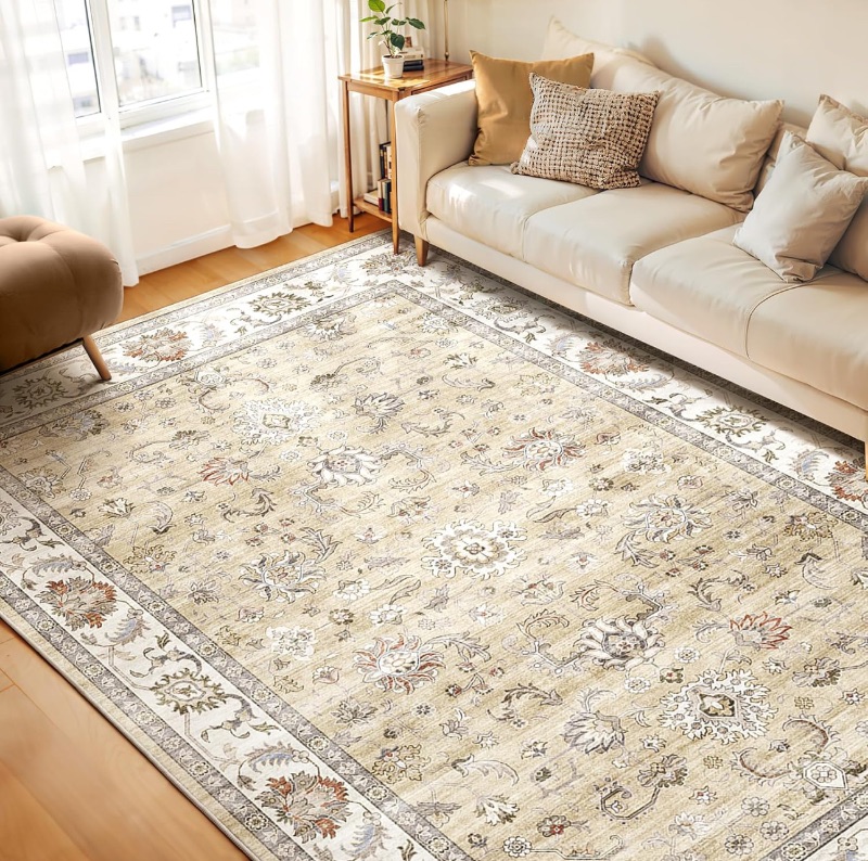 Photo 1 of WITSHOCK 8x10 Area Rugs for Living Room: Machine Washable Non Slip Vintage Carpet - Low Pile Lightweight Print Rug for Bedroom Dining Room - Stain Resistant for Household (Light Yellow/Light Brown)