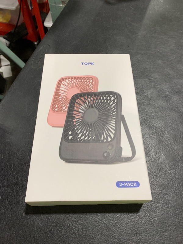 Photo 1 of TOPK 2 Pack 5000mAh Portable Desk Fan, Ultra-thin Strong Wind Digital Display 4 Speeds Adjustable Small Quiet Battery Powered Personal Travel Fan for Bedroom, Office, Cruise, Library, Outdoor